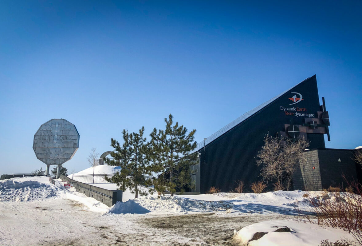 exterior of Dynamic Earth and The Big Nickel in winter time