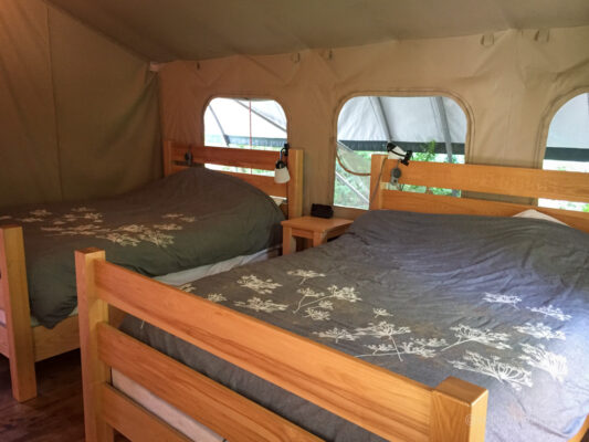 Luxury Safari glamping tent Interior, 2 queen sized beds at Long Point Eco Adventures