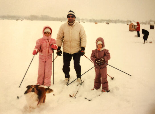 The author with family in 1980s on the Bay of Quinte cross crountry skiing with kids